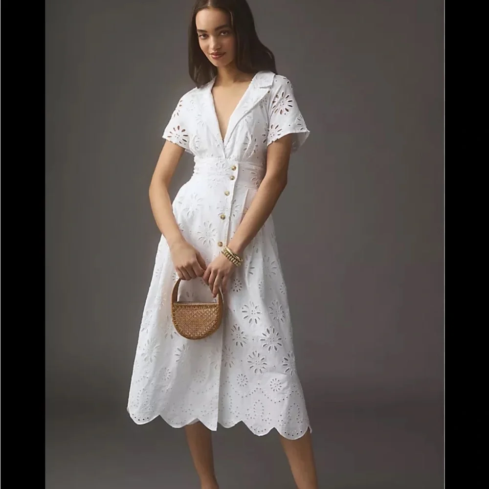 Maeve By Anthropologie Eyelet Shirt Dress White Summer Button Up Front - Picture 3 of 6